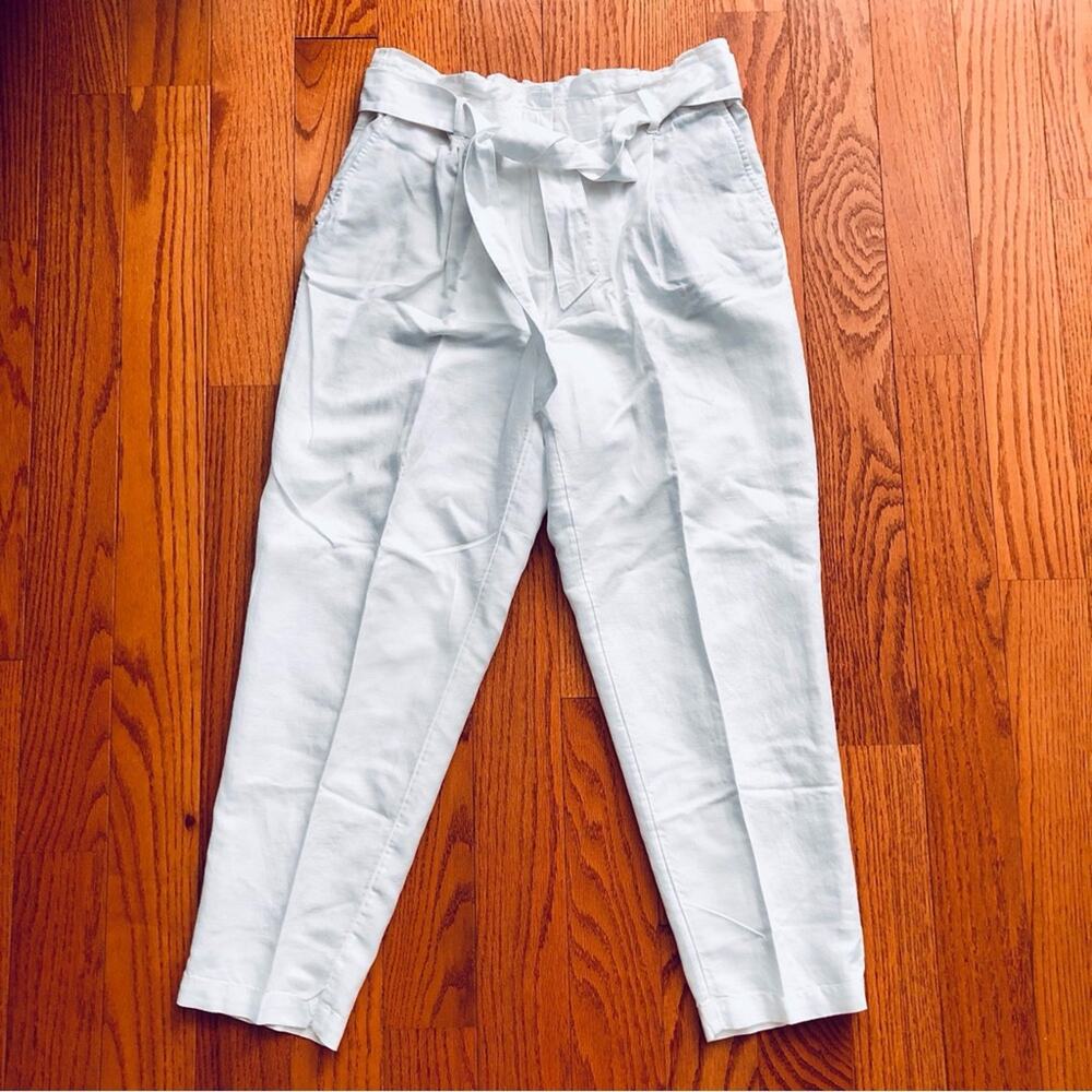 Loft Paper Bag Waist Cotton Linen Ankle Straight Leg White Pants Women’s Size S - Picture 2 of 12